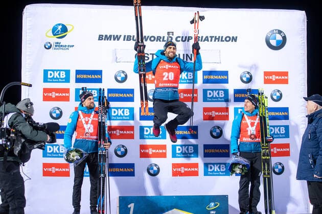 191204 Simon Desthieux, Martin Fourcade and Maillet Quentin Fillon of France celebrate on stage after the Men s 20 km Individual during the IBU World Cup Biathlon on December 04, 2019 in Östersund Photo Johanna Lundberg BILDBYRAN 136085 2019 biathlon bbeng ibu world cup biathlon biathlon biathlon vm individual individual france cheers,  Copyright: JOHANNAxLUNDBERG BB191204BB255