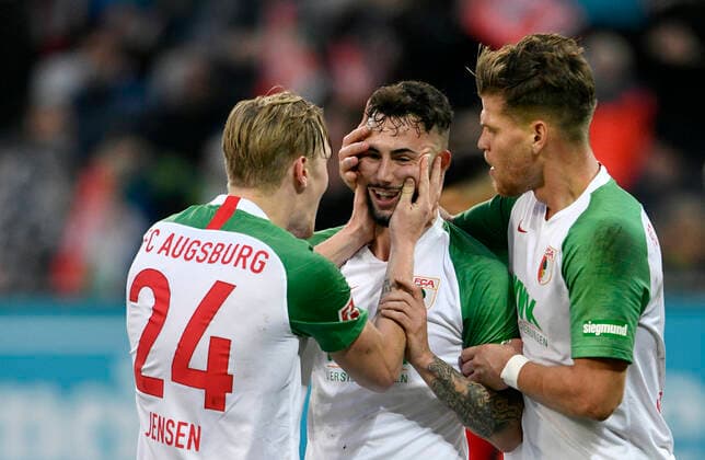 TOR to 1 1 Marco Richter FC Augsburg FCA cheering goal with Fredrik Jensen FC Augsburg left FC Augsburg FCA vs. 1 FSV Mainz 05 07 12 2019 DFL REGULATIONS PROHIBIT ANY USE OF PHOTOGRAPHS AS IMAGE SEQUENCES AND OR QUASI VIDEO FC Augsburg FCA vs. 1 FSV Mainz 05
