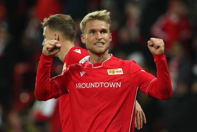 Sebastian Andersson 2 0 joy emotion cheering cheering jubilation after 2 0 sport football football DFL Bundesliga men season 2019 2020 08 12 2019 1 FC Union Berlin FCU vs 1 FC Cologne DFL regulations prohibit any use of photographs as image sequences and or quasi video