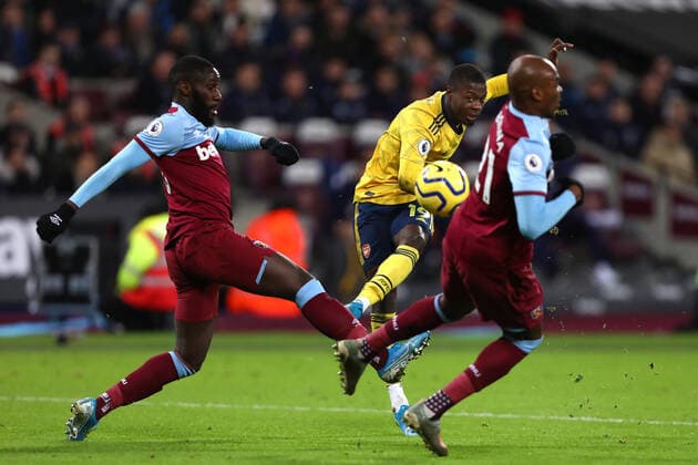 December 9, 2019, London, United Kingdom: Nicolas Pepe of Arsenal scores a goal to put his side 2-1 ahead during the Premier League match between West Ham United and Arsenal FC at London Stadium. West Ham United vs Arsenal FC in London, UK - 09 Dec 2019 - ZUMAs197 20191209_zab_s197_021 Copyright: xRichardxCalverx