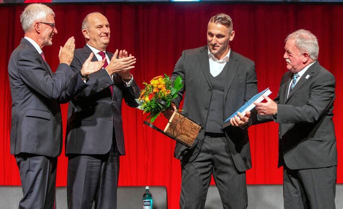 Potsdam, 14 12 2019 Sports Gala of the State of Brandenburg Farewell to Kevin Kuske from active sport V l n r Vplker Rupprecht, Mp Dietmar Woidke, Kevin Kuske and Wolfgang Neubert