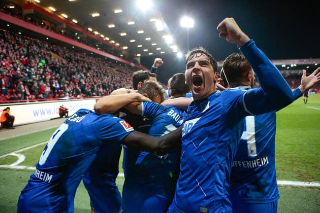 17 12 2019, xtgx, Football 1 Bundesliga, 1 FC Union Berlin TSG 1899 Hoffenheim emspor, v l Hoffenheim after goal to 0 2 by Christoph Baumgartner Hoffenheim, 14 cheers, goal jubilation, cheers over the goal, celebrate the goal, celebration DFL DFB REGULATIONS PROHIBIT ANY USE OF PHOTOGRAPHS as IMAGE SEQUENCES and or QUASI VIDEO Berlin
