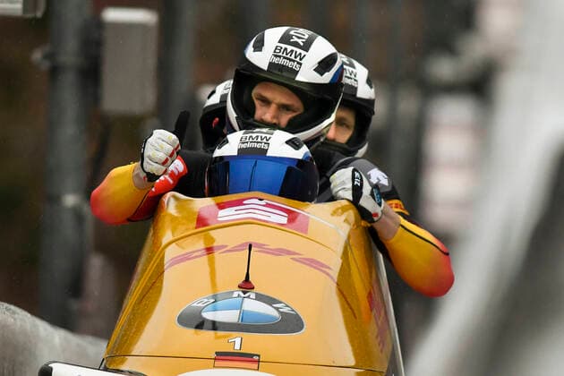 BMW IBSF World Cup Bob Skeleton 4 he European Bobsleigh Championships, four-man bobsleigh 03 01 2020, VELTINS EisArena, Winterberg, BMW IBSF World Cup Bob Skeleton 4 he European Bobsleigh Championships, four-man bobsleigh, in the picture picture picture shows GER FRIEDRICH Francesco, BAUER Candy, GROTHKOPP Martin, MARGIS Thorsten cheering at the finish nordphoto Mauelshagen nph00321