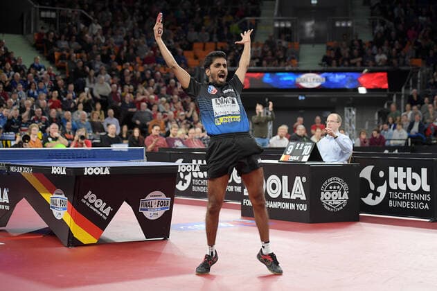 04 01 2020, xemx, table tennis TTBL Liebherr Pokal final semi-final, 1 FC Saarbruecken TT ASV Gruenwettersbach emspor, v l Sathiyan Gnanasekaran ASV Gruenwettersbach cheers for victory against Shang Kun 1 FC Saarbruecken TT Ulm
