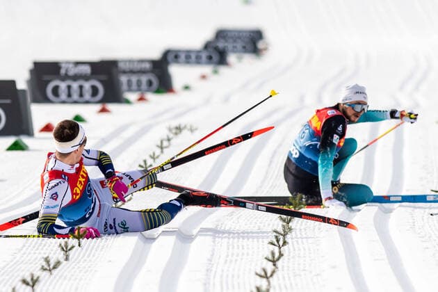 200104 Renaud Jay of France and Calle Halfvarsson of Sweden fall in the mens sprint classic technical quarter final during the Tour de Ski on January 4, 2020 in Val di Fiemme Photo Mathias Bergeld BILDBYRAN Cop 200 bbeng skidor cross country skiing cross country skiing world cup tour de ski tour de ski 2019 2020 classic classic classic sprint final sweden,  Copyright: MATHIASxBERGELD BB200104MB085
