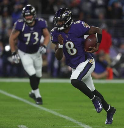 Baltimore Ravens quarterback Lamar Jackson (8) in action during the AFC divisional playoff against the Tennessee Titans at M&T Bank Stadium in Baltimore, Maryland on January 11, 2020. Photo Mike Buscher Cal Media NFL, American Football Herren, USA 2020: Titans vs Ravens JAN 11 - ZUMAc04_ 20200111_zaf_c04_238 Copyright: xMikexBuscher CalxSportxMediax