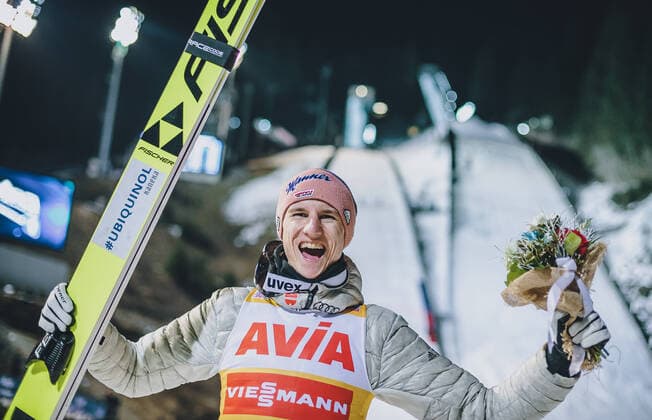 ITA, FIS World Cup Ski Jumping, Val di Fiemme 12 01 2020, Stadio del Salto, Predazzo, ITA, FIS World Cup Ski Jumping, Val di Fiemme, award ceremony, in the picture winner Karl Geiger GER Winner Karl Geiger of Germany during the winner ceremony for the FIS Ski Jumping World Cup at the Stadio del Salto in Predazzo, Italy on 2020 01 12 Predazzo Alto Adige Italy Kein Release verfügbar