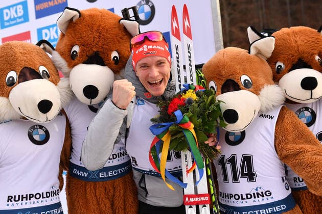 Benedikt DOLL GER , cheering, joy, enthusiasm with the mascots after 3rd place, award ceremony 10 km sprint of men, men on 16 01 2020 IBU Biathlon World Cup 2020 in Ruhpolding, season 2019 20