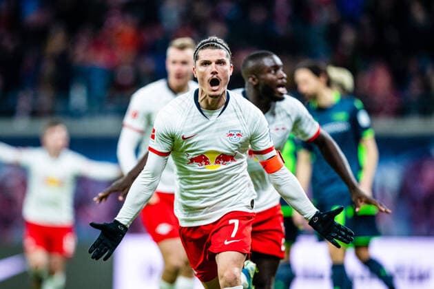 Goal cheers from Marcel Sabitzer 7 RB Leipzig after the second goal with Dayot Upamecano 5 RB Leipzig during the 2019 2020 season in the 1 Football Bundesliga Men on 18 matchday between RB Leipzig and 1 FC Union Berlin in the Red Bull Arena on 18 January 2020 in Leipzig, Saxony Saxony , Germany Germany DFL REGULATIONS PROHIBIT ANY USE OF PHOTOGRAPHS AS IMAGE SEQUENCES AND OR QUASI VIDEO