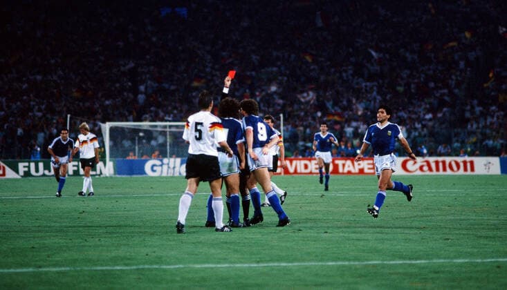 Germany Argentina Italy, Rome, 08 07 1990, Football, FIFA World Cup 1990 in Italy, Final, DFB Germany Argentina 1 0 Edgardo Codesal Mendez referee shows Gustavo Dezotti Argentina the red card re Diego Maradona Argentina