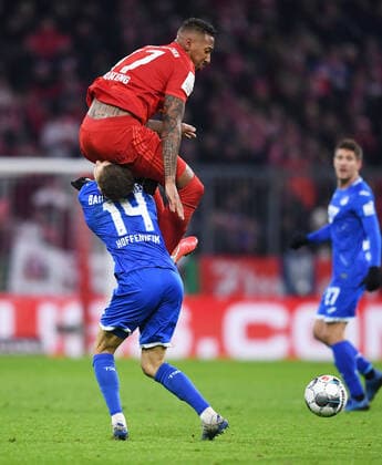 FOOTBALL DFB POKAL EIGH-FINAL SEASON 2019 2020 FC Bayern Muenchen TSG 1899 Hoffenheim 05 02 2020 Jerome Boateng up, FC Bayern Muenchen clashes with Christoph Baumgartner down, TSG 1899 Hoffenheim