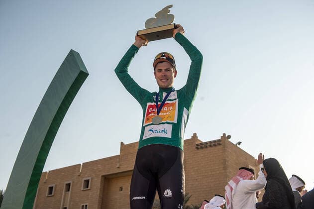 Phil Bauhaus GER Bahrain McLaren wins the 5 stage ahead of Nacer Bouhanni FRA Team Arkea Samsic and secures the overall success at the 1 Saudi Tour 2020 by time bonification here he gets the winners cup and can be celebrated on the podium Podium Award Ceremony Award Ceremony Celebration Ceremony Joy Luck Emotion Emotion Mimic Mimic Gesture Gestic Landscape Landscape horizontal Event Event Event 1 Saudi Tour 5 Stage Stage 5 Princess Nourah University to to Al Masmak Riyadh 144 0 km Location Location Al Masmak Riyadh Region Riyadh Riyadh Country Country Saudi Arabia Saudi Arabia Date Date 08 02 2020 Stiehl Photography