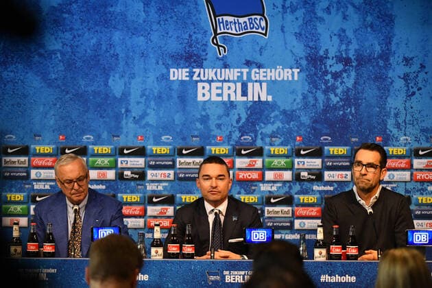 Michael Preetz Manager Hertha BSC , Lars Windhorsdt Investor and Shareholder Hertha BSC , Werner Gegenbauer President Hertha BSC , Press Conference Hertha BSC Media Room Hanns Braun Strasse PK, Press Conference 1 Bundesliga 2019 2020 Football, Soccer, Men, Men, Men, PK, Press Conference, Germany, Germany, Berlin, 13 2 2020