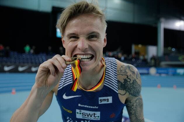 German Athletics Indoor Championships Leipzig, 22 02 2020 Cheers Gregor Traber LAV Stadtwerke Tuebingen wins the 60m hurdles German Athletics Indoor Championships on 22 02 2020 in the Quarterback Immobilien Arena in Leipzig Saxony Copyright: xBEAUTIFULxSPORTS DRPx