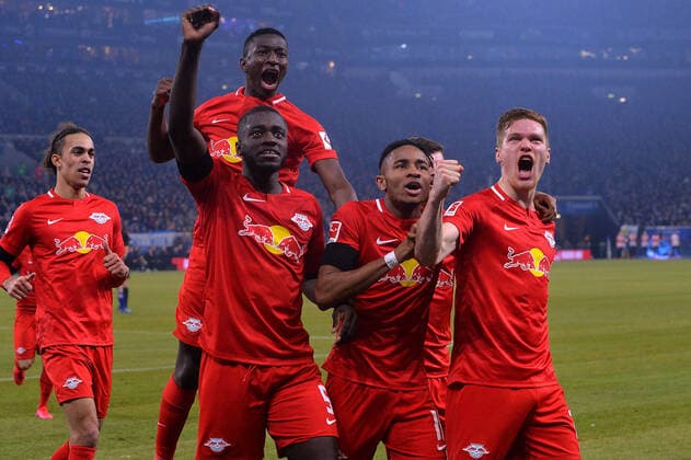 Football 1 Bundesliga 23 Matchday FC Schalke 04 RB Leipzig on 22 02 2020 in the Veltins Arena in Gelsenkirchen goal celebration for 0 3 by Marcel Halstenberg Leipzig DFL regulations prohibit any use of photographs as image sequences and or quasi video xHDx