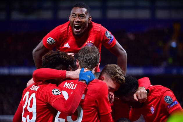 Football Champions League Round of 16 FC Chelsea FC Bayern Munich on 25 02 2020 at Stamford Bridge in London Goal celebration for the 0 2 by Serge Gnabry Munich DFL DFB regulations prohibit any use of photographs as image sequences and or quasi video xMNx