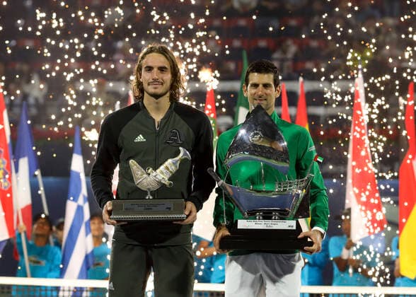 Winner Novak Djokovic SRB and finalist Stefanos Tsitsipas with the cup, trophy, award ceremony, presentation Tennis Dubai Duty Free Tennis Championships ATP Dubai Duty Free Tennis Stadium Dubai United Arab Emirates 29 February 2020 Â Copyright: xJuergenxHasenkopfx