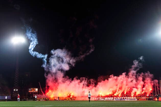 200309 AIKs supporters with pyrotechnics during the football match in the Swedish Cup between AIK and Kalmar on March 9, 2020 in Stockholm,  Copyright: MAXIMxTHORE BB200309BB244