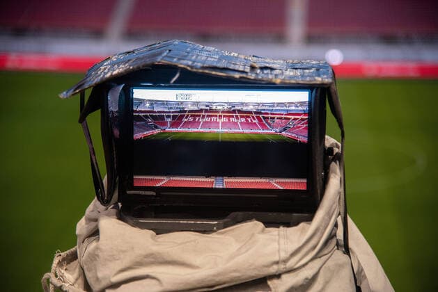 View through the viewfinder of a TV camera into the empty Mercedes Benz Arena Today the Mercedes Benz Arena was empty only 2 hours before the start of the game, but that may change soon thanks to the Corona virus Germany, Stuttgart, 09 03 2020, FuBa, 2 BuLi VfB Stuttgart vs. DSC Arminia Bielefeld, Mercedes Benz Arena DFL DFB REGULATIONS PROHIBIT ANY USE OF PHOTOGRAPHS AS IMAGE SEQUENCES AND OR QUASI VIDEO