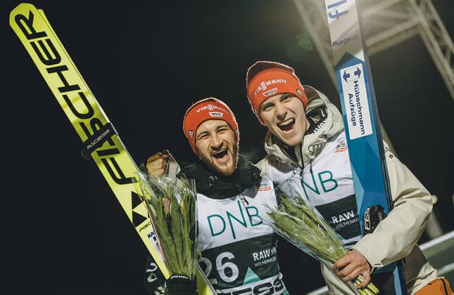 09 03 2020, Lysgards Ski Jump, Lillehammer, NOR, FIS World Cup Ski Jumping, Raw Air, Lillehammer, Men, Award ceremony, in the picture Markus Eisenbichler GER , Stephan Leyhe GER Gregor Schlierenzauer of Austria Stephan Leyhe of Germany during the winner ceremony for the 2nd Stage of the Raw Air Series of FIS Ski Jumping World Cup at the Lysgards Ski Jumping World Cup in Lillehammer, Norway on 2020 03 09 Lillehammer EP_fei