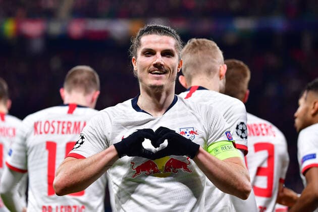 Football Champions League Round of 16 RB Leipzig Tottenham Hotspur on 10 03 2020 in the Red Bull Arena in Leipzig Goal celebration for the 1 0 by Marcel Sabitzer Leipzig DFL Regulations prohibit any use of photographs as image sequences and or quasi video xMNx