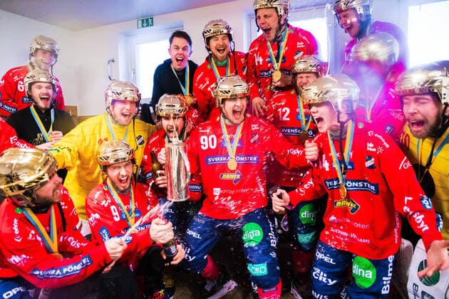 200321 Edsbyns Malwarder Anders Svensson, Hans Andersson, Mattias Hammarström, Simon Jansson, Ted Hedell, Joakim Svensk, Martin Frid players cheer after the SM finals in a bandy between Villa Lidköping and Edsbyn on March 21, 2020 in Uppsala,  Copyright: KentaxJönsson BB200321KJ092