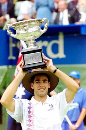 940130 Tennis, Australian Open Pete Sampras of USA celebrates with the trophy after defeating Todd Martin of USA in the Australian Open final on January 30, 1994 in Melbourne, Australia BILDBYRAN,  Copyright: BILDBYRAN BB940130BB030
