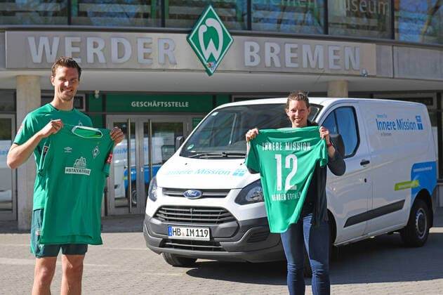 STAYATHOME TRIKOT WILL DONATE 20 000 EURO FOR INSIDE MISSION 09 04 2020, training grounds at wohninvest WESERSTADION,, Bremen, STAYATHOME TRIKOT WILL DONATE 20 000 EURO FOR INSIDE MISSION, The STAYATHOMETRIKOT is the bestseller in Werders online shop Die Grün Weißen and their main sponsor WIESENHOF have the special jersey with the message that saves lives, One of the big winners of the campaign is the Verein für Innere Mission in Bremen. Werder Bremen donates five euros from every jersey donated to the association, which cares for people in emergency situations. After only a few days, the run provides the first 20,000 euros donation to the association. nordphotoxWerder nph00001