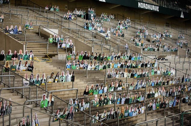 Mönchengladbach, 16 04 2020 Borussia fans were able to have their own cardboard display set up in the fan curve Borussia Mönchengladbach