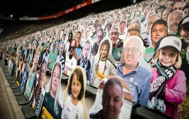 Mönchengladbach, 20 05 2020 Fans of Borussia Mönchengladbach cannot enter the stadium due to the Corona pandemic and put up their cardboard mates instead Borussia Mönchengladbach