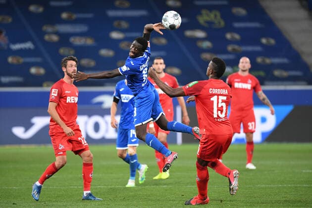 TSG 1899 Hoffenheim 1 FC Koeln, 27 05 2020 Diadie Samassekou Hoffenheim against Mark Uth 1 FC Koeln and Jhon Cordoba 1 FC Koeln Sport Fussball 1 Bundesliga Season 19 20 28 Matchday TSG 1899 Hoffenheim 1 FC Koeln, 27 05 2020 Photo Markus Gilliar GES POOL Only for journalistic purposes Only for editorial use According to the regulations of the DFL Deutsche Fußball Liga it is prohibited to use or have used photographs taken in the stadium and or of the match in the form of sequence images and or video-like photo sequences DFL regulations prohibit any use of photographs as image sequences and or quasi video Sinsheim BW Germany Poolfoto Markus Gilliar GES POOL ,EDITORIAL USE ONLY