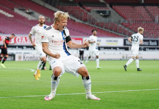 Football 0 1 goal, cheers HSV scorers Joel Pohjanpalo HSV Stuttgart, 28 05 2020, Football 2 Bundesliga, VfB Stuttgart Hamburger SV Stuttgart Poolfoto Wagner Witters Pool Witters ,EDITORIAL USE ONLY