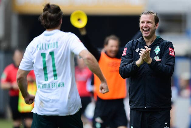 SC Paderborn 07 vs SV Werder Bremen, 13 06 2020 1 5 goal, cheers from l Goal scorer Niclas Fuellkrug, Coach Florian Kohfeldt Bremen Paderborn, 13 06 2020, Soccer Bundesliga, SC Paderborn 07 SV Werder Bremen 1 5 Photo Groothuis Witters Pool via gumzmedia nordphoto Paderborn Poolfoto Witters gumzmedia nordphoto ,EDITORIAL USE ONLY