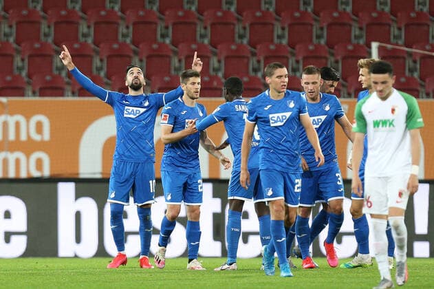 FC Augsburg vs TSG 1899 Hoffenheim, 17 06 2020 the team is happy about the goal of Munas Dabbur 10 TSG 1899 Hoffenheim to 0 1, FC Augsburg vs TSG 1899 Hoffenheim, 17 06 2020, photo Christian Kolbert kolbert press pool DFL regulations prohibit any use of photographs as image sequences and or quasi video Editorial Use ONLY National and International News Agencies OUT Augsburg WWK Arena Bayern Deutschland Poolfoto Christian Kolbert kolbert-press pool ,EDITORIAL USE ONLY