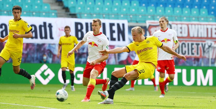 RB Leipzig Dortmund 20 06 2020 Leipzig, 20 06 2020, Red Bull Arena, Soccer, Bundesliga, 33 Matchday , RB Leipzig vs BVB Borussia Dortmund , In the picture goal for Dortmund Erling Haaland 17, Dortmund scores for 0 1 Links Lukas Klostermann 16, RB Leipzig , DFL regulations prohibit any use of photographs as image sequences and or quasi video Photo PICTURE POINT Roger Petzsche Pool , Only for journalistic use Leipzig Sachsen Germany Poolfoto PICTURE POINT ,EDITORIAL USE ONLY