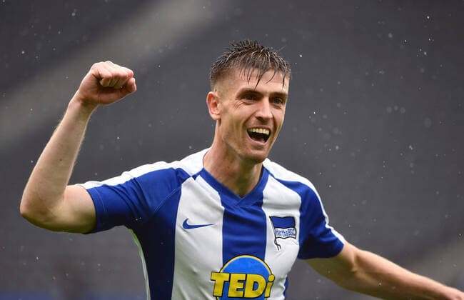 Krzysztof Piatek Hertha BSC , cheers after the 2 0 Hertha BSC Berlin Bayer 04 Leverkusen 1 Bundesliga 2019 2020, 1 BL, 1 Bundesliga, DFL, Fußball, Fussball, soccer, men, men, men, Germany, Germany Berlin, 20 6 2020, Olympiastadion
