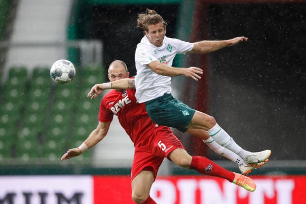 SV Werder Bremen vs 1 FC Koeln 27 06 2020, wohninvest WESERSTADION, Bremen, league game, 1 Bundesliga, SV Werder Bremen vs 1 FC Koeln, in the picture from l Rafael Czichos 5, Koeln , Niclas Fuellkrug 11, Bremen Foto Joachim Sielski Sielski Press Pool Sielski DFL regulations prohibit any use of photographs as image sequences and or quasi video EDITORIAL USE ONLY National and international News Agencies OUT Bremen wohninvest WESERSTADION Bremen Germany Poolfoto Joachim Sielski Sielski-Press POOL Sielski ,EDITORIAL USE ONLY