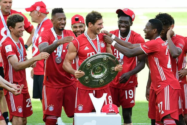 Soccer German Champion 2020, FC Bayern Muenchen v l Thomas Mueller, Jerome Boateng, Serge Gnabry, Leon Goretzka with champions cup, Alphonso Davies, David Alaba, Kingsley Coman Wolfsburg, 27 06 2020, Soccer Bundesliga, VfL Wolfsburg FC Bayern Muenchen 0 4 Wolfsburg Poolfoto Groothuis Witters Pool Witters ,EDITORIAL USE ONLY