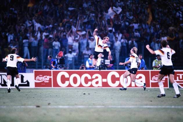 BREHME Andreas Team Germany cheers after the 11m for Germany with KLINSMANN Juergen Team Germany World Champion FIFA World Cup 1990 in Italy Final Germany Argentina 1 0 on 08 07 1990 in Rome