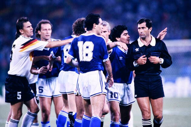 DEZOTTI Gustavo Team Argentina covered red card from referee Edgardo Codesal with AUGENTHALER Klaus and MARADONA Diego Team Germany World Champion FIFA World Cup 1990 in Italy Final Germany Argentina 1 0 on 08 07 1990 in Rome