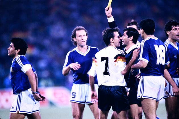 MARADONA Diego Captain Team Argentina yellow card from referee Edgardo Codesal with LITTBARSKI Pierre Team Germany World Champion FIFA World Cup 1990 in Italy Final Germany Argentina 1 0 on 08 07 1990 in Rome