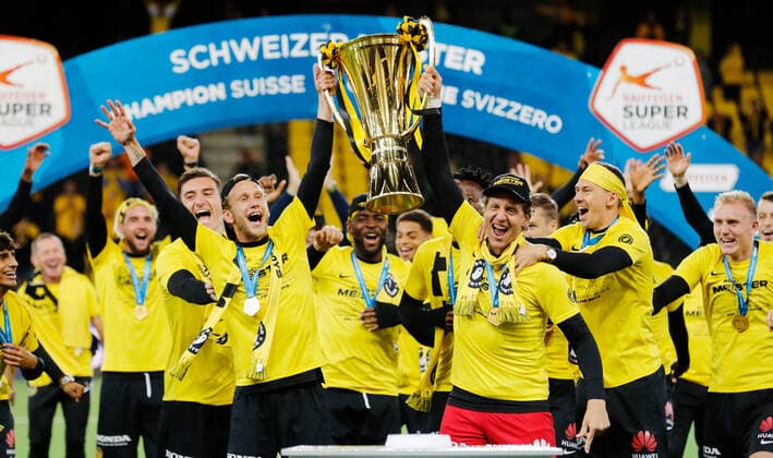 Photo Manuel Geisser 03 8 2020 Bern Wankdorf Stadium Season 2019 2020 Mens Football Super League BSC Young Boys Bern FC St Gallen Fabian Lustenberger and goalkeeper Marco Wölfli with cup BSC Young Boys Bern Swiss Champion 2019 2020