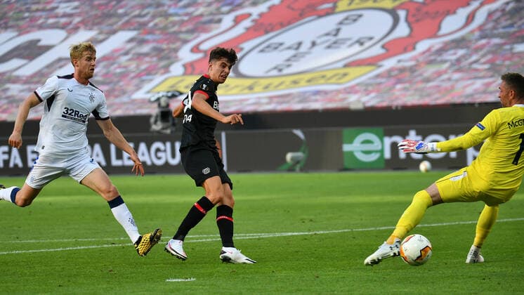 Europa League Bayer 04 Leverkusen Glasgow Rangers Filip Helander Glasgow , Kai Havertz Leverkusen , Goalkeeper Allan McGregor Glasgow Soccer, Europa League, Season 19 20, Round of 16, Bayer 04 Leverkusen Glasgow Rangers 06 08 2020 Photo Ulrich Hufnagel Hufnagel PR Pool Only for journalistic purposes Only for editorial use According to the regulations of the DFL German Soccer League it is prohibited, to use or have used photographs taken in the stadium and or of the match in the form of sequence images and or video-like photo sequences DFL regulations prohibit any use of photographs as image sequences and or quasi video Leverkusen Bayarena NRW Germany Poolfoto Ulrich Hufnagel Hufnagel PR Pool ,EDITORIAL USE ONLY