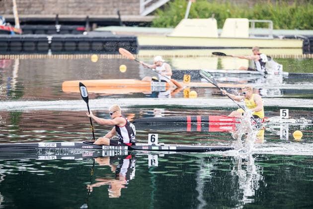 German Championships Canoe Racing 500m Kayak K1 Men Finals 09 08 2020 Martin Hiller start number 6 , Max Rendschmidt start number 5 , Moritz Florstedt start number 3 , Tamas Gecsoe start number 2 German Championships Canoe Racing 500m Kayak K1 Men Finals Duisburg, Regattabahn Copyright: xBEAUTIFULxSPORTS Wunderlx
