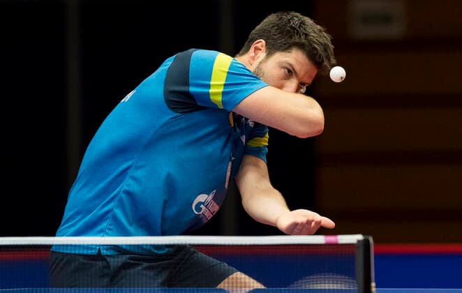 Table tennis Düsseldorf Masters on 09 08 2020 in Düsseldorf North Rhine-Westphalia Dimitrij Ovtcharov serves with the backhand Copyright: xKirchner MarcoxSteinbrennerx
