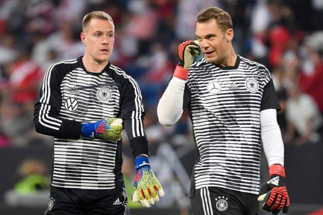 PHOTOMONTAGE Manuel NEUER and Marc Andre TER STEGEN meet at the Champions League smash hit FC Barcelona FC Bayern Muenchen Archivfoto Zum Torwart Zoff between Manuel NEUER and Marc Andre TER STEGEN Archivfoto Fussball Laenderspiel, Germany GER Peru PER 2 1 am 09 09 2018 in Sinsheim Wirsol Rhein Neckar Arena DFB REGULATIONS PROHIBIT ANY USE OF PHOTOGRAPHS AS IMAGE SEQUENCES AND OR QUASI VIDEO ÃÂ
