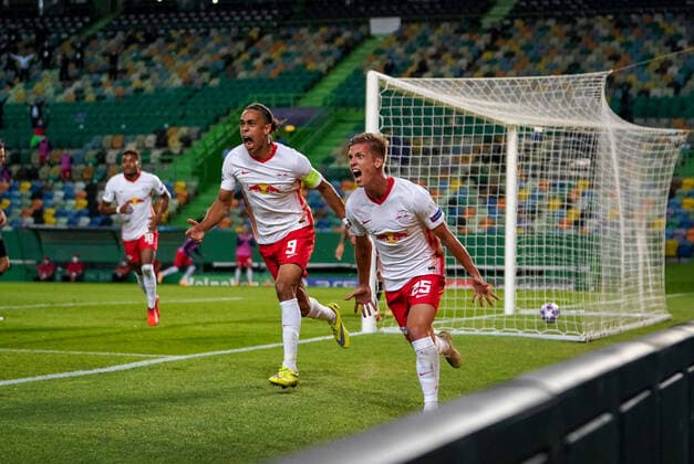 RB LEIPZIG ATLETICO MADRID, Football UEFA Champions League Lisbon, Portugal, 13th August 2020, goal celebration Dani Olmo RBL , Yussuf Poulsen RBL in the quarterfinal UEFA Champions League match final tournament RB LEIPZIG ATLETICO MADRID in Season 2019 2020 Photographer Peter Schatz Pool UEFA REGULATIONS PROHIBIT ANY USE OF PHOTOGRAPHS as IMAGE SEQUENCES and or QUASI VIDEO National and international News Agencies OUT Editorial Use ONLY Lisbon Portugal Poolfoto Peter Schatz Pool ,EDITORIAL USE ONLY