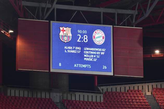 Football Champions League Quarter Final FC Barcelona FC Bayern Muenchen Scoreboard with result Football Champions League, Quarter Final, FC Barcelona Barca FC Bayern Muenchen M , on 14 08 2020 in Lisbon Portugal PHOTO Frank Hoermann SVEN SIMON Pool NO use of any use photographs as image sequences and or quasi video Editorial Use ONLY National and International News Agencies OUT Lisbon Estadio da Luz Portugal Poolfoto SVEN SIMON Pool ,EDITORIAL USE ONLY