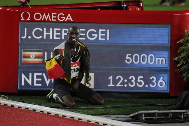 Monaco, athletics, track and field, IAAF Diamond League Monaco 2020, Joshua Cheptegei, 5000m world record 12 35 36, 14 08 2020, Monaco scoreboard, Photo copyright Gladys Chai von der Laage