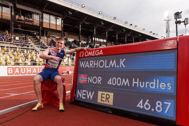 200823 Karsten Warholm of Norway celebrates after setting a new Europe record when competing in the mens 400m metes during the athletics gala Diamond League Stockholm on August 23, 2020 in Stockholm Photo Joel Marklund BILDBYRAN kod JM JM0002 bbeng athletics athletics athletics Diamond League Diamond League Stockholm Bauhaus gala Bauhaus gala gala jublar jubel,  Copyright: JOELxMARKLUND BB200823JM117